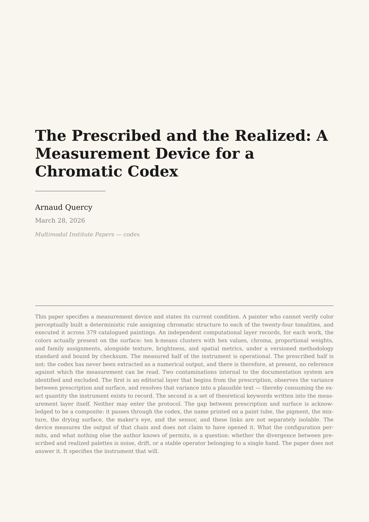 The Prescribed and the Realized: A Measurement Device for a Chromatic Codex