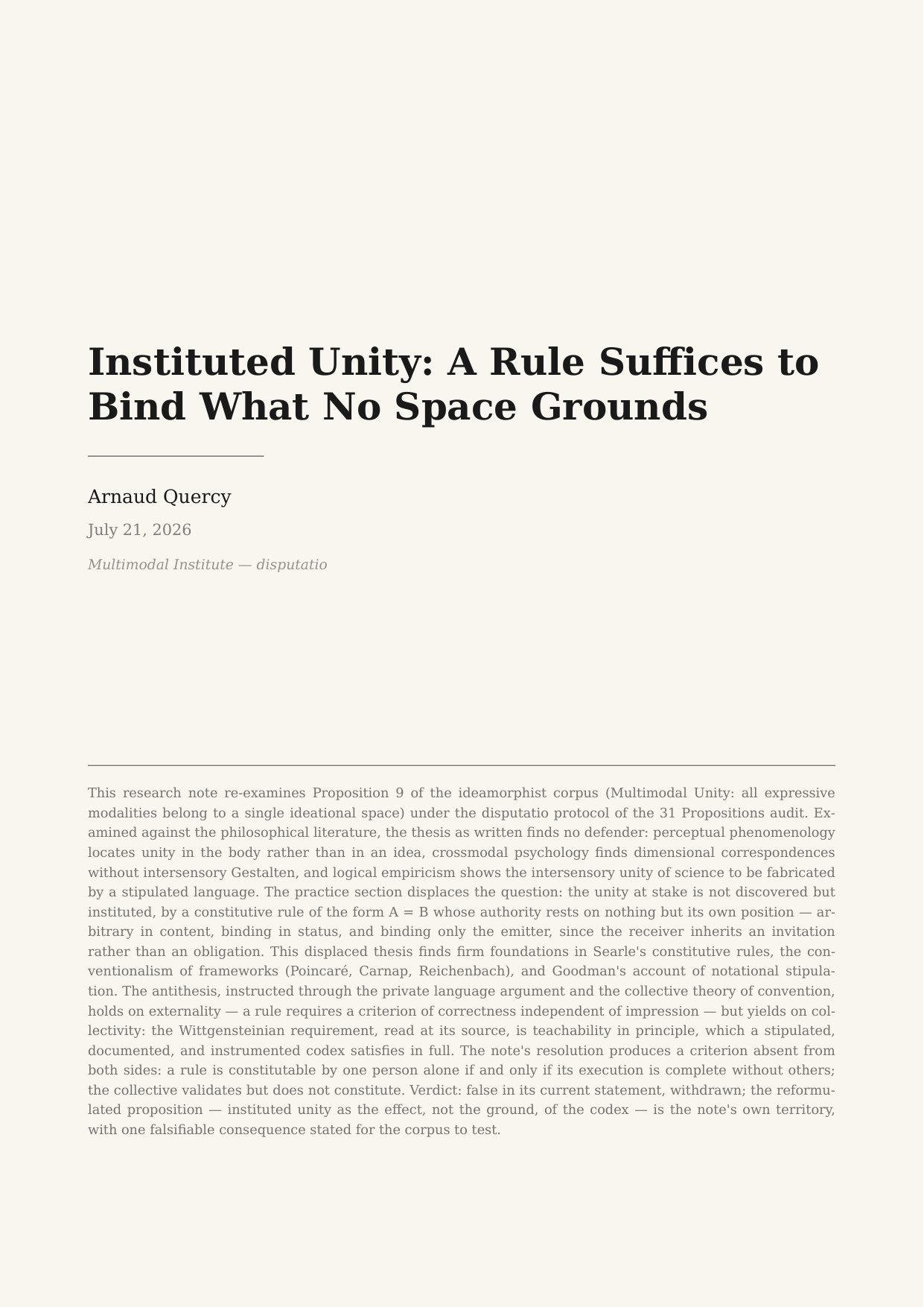 Instituted Unity: A Rule Suffices to Bind What No Space Grounds