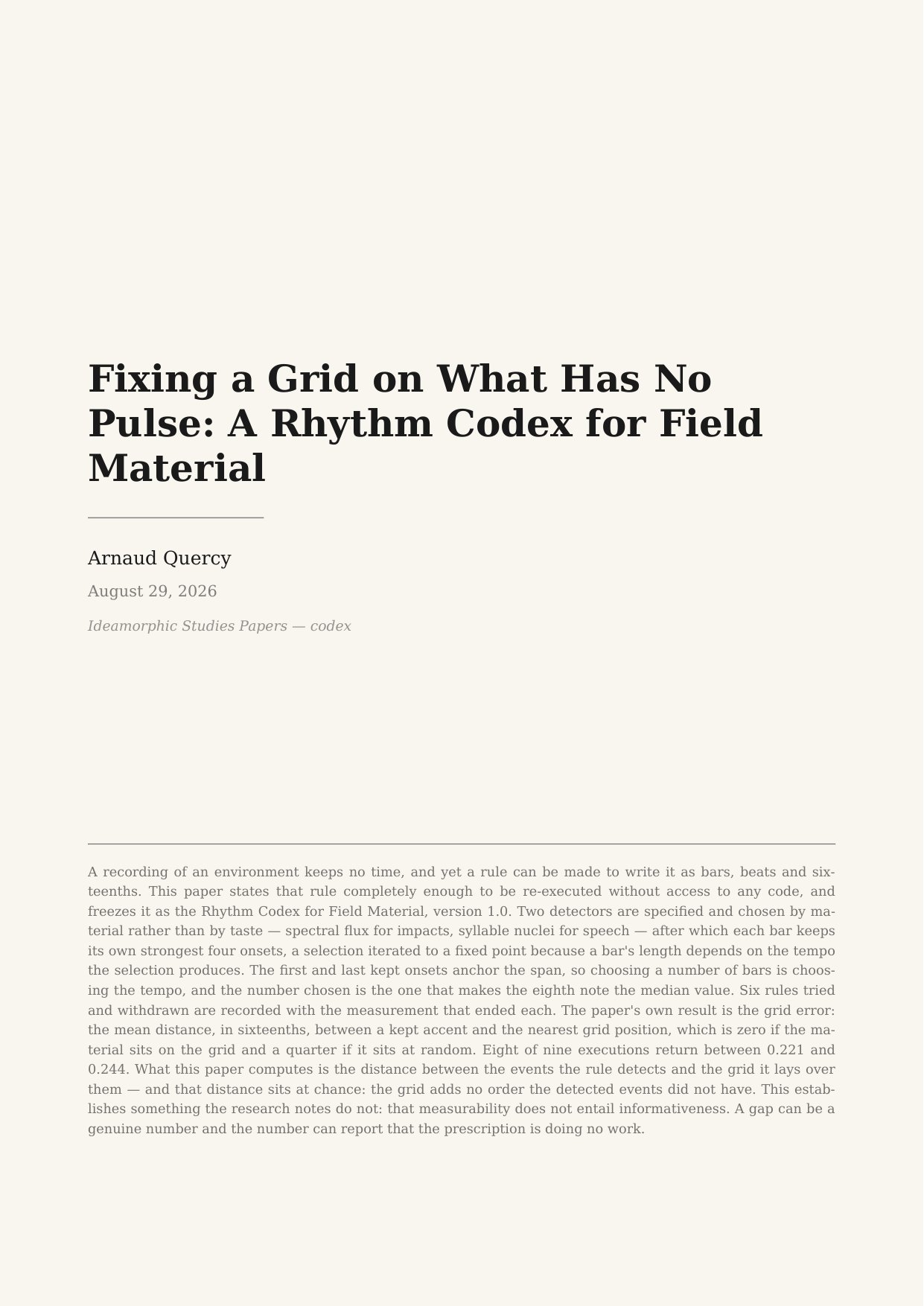 Fixing a Grid on What Has No Pulse: A Rhythm Codex for Field Material