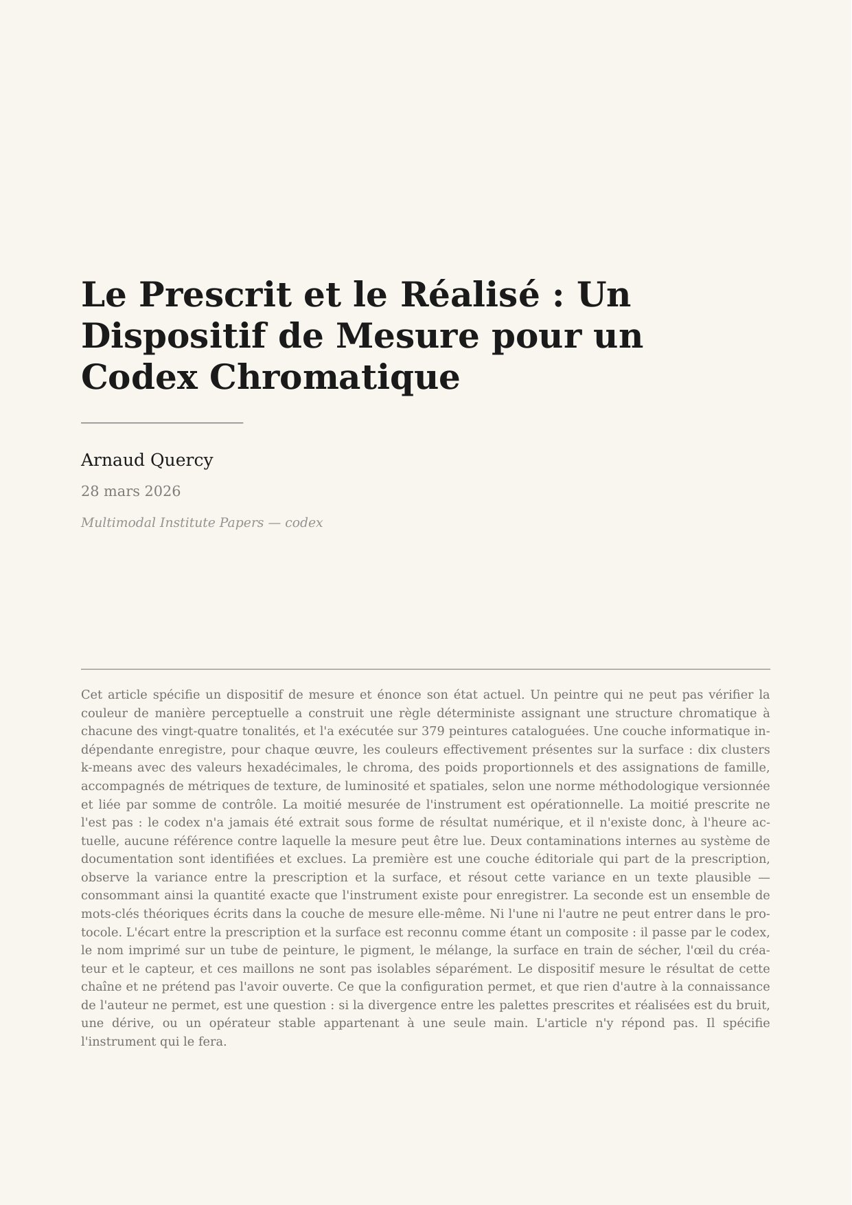Le Prescrit et le Réalisé : Un Dispositif de Mesure pour un Codex Chromatique