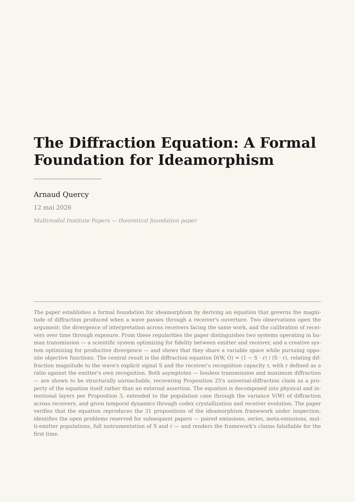 L'Équation de Diffraction : Une Fondation Formelle pour l'Idéamorphisme