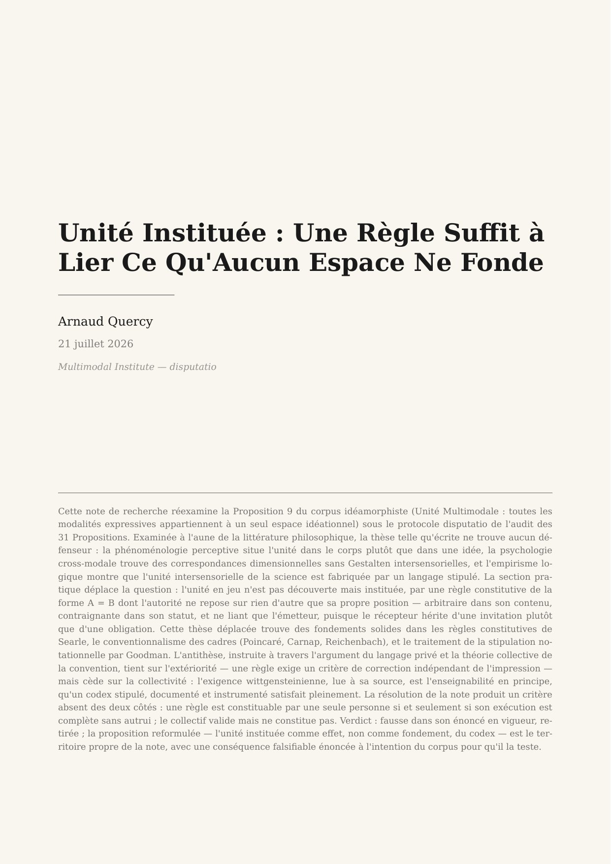 Instituted Unity: A Rule Suffices to Bind What No Space Grounds