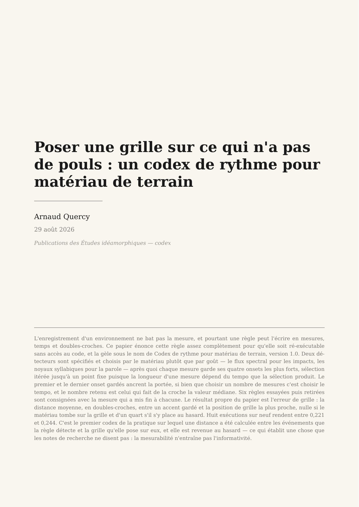 Fixing a Grid on What Has No Pulse: A Rhythm Codex for Field Material